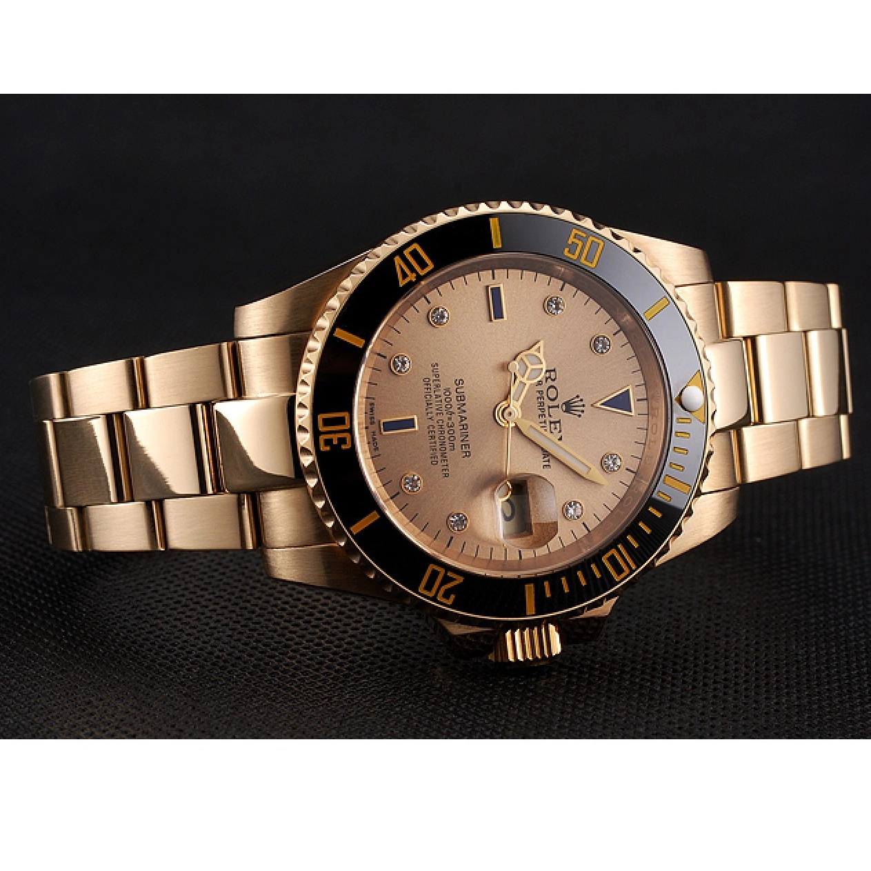 MiroTime 0810 Swiss Rolex Submariner Gold Dial With Diamond Markings Black Bezel Yellow Gold Case And Bracelet